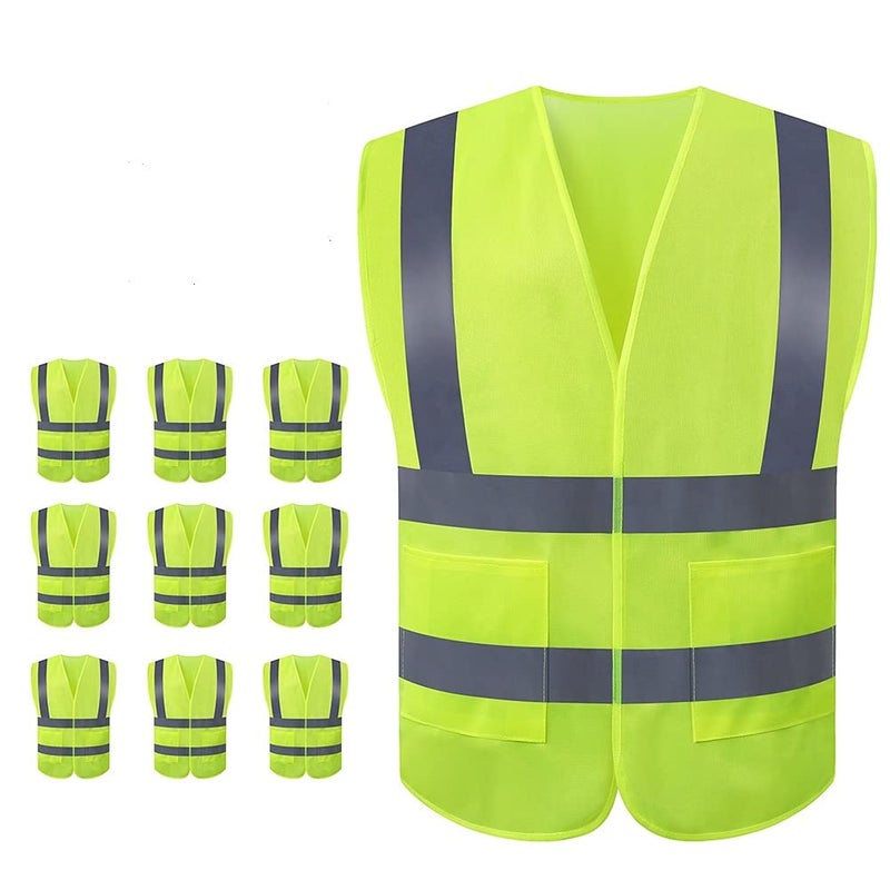 JSungo High Visibility Safety Vest 10 Pack, Yellow Reflective Vest with 2 Inch Hi vis Silver Strip, Construction Vest for Men & Women, Universal Size - Image 1